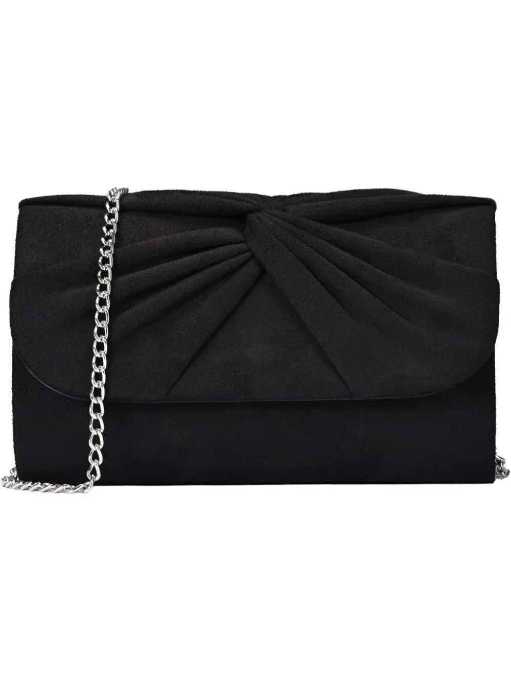 Women's Black Faux Suede Pleated Bow Clutch Purse For With Strap Evening Bag